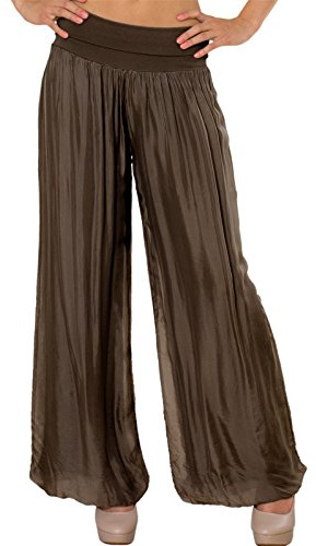 Caspar KHS010 Damen Elegante Lange Marlene Hose Hosenrock mit Seidenanteil und hohem Stretch Bund, Farbe:Dunkelbraun, Größe:L-XL