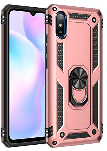 BestST Handyhülle für Xiaomi Redmi 9A + Displayschutz, Cover für Xiaomi Redmi 9i hülle, 360 Grad Drehbar Ringhalter Handytasche Case für Xiaomi Redmi 9AT Handy Hüllen,Rosegold