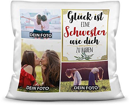 PR Print Royal Kissen mit Füllung - Fotocollage selbst gestalten mit Spruch für Schwester - GLÜCK - mit DREI eigenen Fotos - Geschenkidee Fotokissen - Kissen Polyester - Weiß