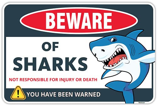 Venicor Schild mit der Aufschrift Beware of Sharks, 20.3x30.5 cm, Aluminium, Hai-Dekoration für Jungenzimmer, Hai-Geschenke für Haifisch-Liebhaber, Hai-Wanddekoration, Poster, cooles Stuff Art