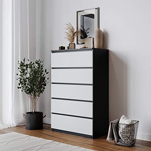 URBNLIVING 4 Or 5 Drawer Skagen Wooden Bedroom Chest Cabinet No Handle Storage Cupboard Modern (Black Carcass + White Drawers, 5 Drawers)