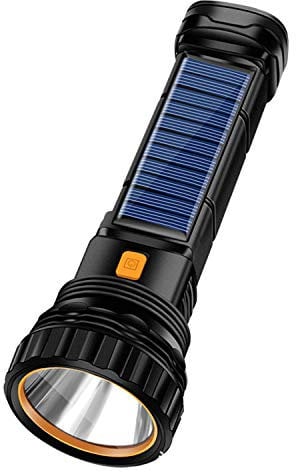 Linterna LED solar recargable de 1000 lúmenes, haz alto/bajo, panel solar integrado que carga interior o exterior, cable USB incluido para carga rápida