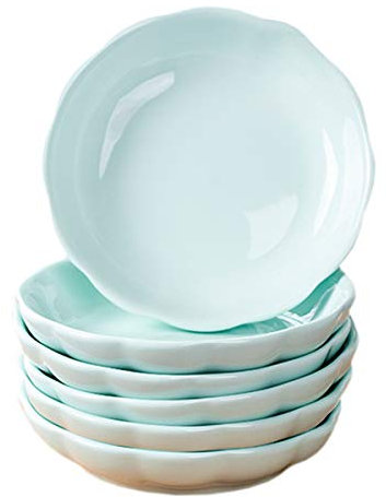 Sizikato Lot de 6 assiettes à apéritif en porcelaine bleu clair de 10,2 cm en forme de fleur.