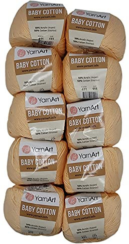 10 x 50g Strickwolle YarnArt Baby Cotton mit 50% Baumwolle, 500 Gramm Wolle einfarbig (apricot hell 411)