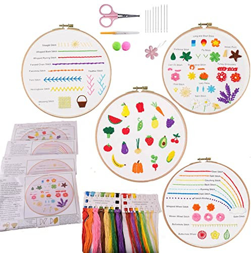 Stickerei Anfänger Stich Übungssatz, 4 Stickerei Starter Kits, lernen Sie 30 verschiedene Stichtechniken für Handwerksbegeisterte, um Stoff von Hand zu nähen und Stickerei Fähigkeiten zu lernen