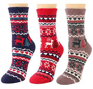 AUERVO Damen Urlaubssocken Winterplüsch Neuheit Socken Dicke Kuschelweiche Warme Wintersocken für Damen Weihnachten, Geschenk, 3 Paar
