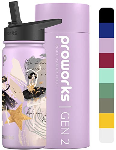 Proworks Gen 2 Insulated Water Bottles with Straw Lid | 540ml Stainless Steel Water Bottle, 24 Hours Cold & 12 Hours Hot Drinks, Leakproof Flask for Work, Gym, Travel - Pastel Lavender - Ballet Dancer