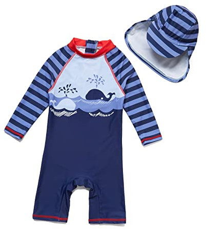 ADAVERANO Baby Jungen Sonnenanzüge UV50+ Badebeklideung Wimsuit Mit Sonnenhut.(Wale im Meer,86-92Cm)