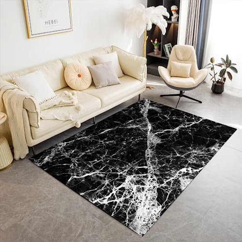 Teppich Kinderzimmer Mädchen Jungen Marmor Wohnzimmer Schlafzimmer Teppich Marmor Optik Schwarz Weiß Moderner Weicher Kinderteppich Bettvorleger Polyester Flur Waschbarer Teppich 160x230 cm