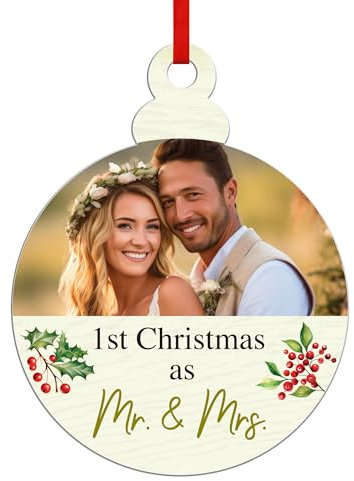 Personalised First Christmas Bauble as Mr & Mrs Xmas Tree Decoration Custom For Newly Married 2023 Gifts (Wooden Bauble)