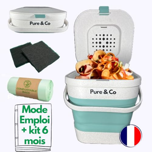 Pure&Co -Composteur Cuisine Pliable 4L -Poubelle Compost Table Déchet Alimentaire -Anti Odeur Couvercle+Filtre-Bioseau -Appartement Petit Plan Travail -Jardin -Recyclage -Kit Démarrage Offert