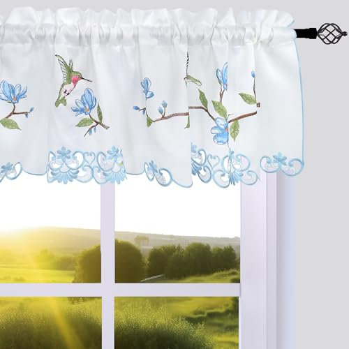 Molaxhome Schillernd Bestickt Scheibengardinen Kurzstores Fenster Valance Küchengardinen Bistrogardine Fenstervorhang Küche Vorhänge Fensterschal, Stabtasche Valance 146x35 blau