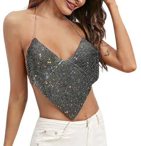 YJZQ Damen Sexy Pailletten Tank Top Glitzerndes rückenfreies Camisole Leichte kurze Oberteile Tiefer V-Bikini Ärmellos Crop Top Modisches personalisiertes Neckholder-Top für Bars, Partys, Nachtclub