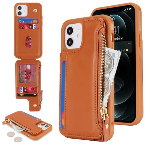 SailorTech per iPhone 12 Custodia per telefono con porta carte di credito per uomo, iPhone 12 Pro Custodia con slot per carte di credito Portafoglio Zipper per donna-Marrone