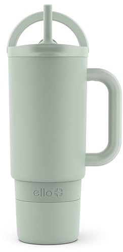 Ello Port 30oz Tumbler with Carry Loop & Integrated Handle | Vacuum Insulated Stainless Steel Reusable Water Bottle Travel Mug | Leak Proof Lid | Flexible Straw | BPA-Free | Dishwasher Safe | Sage