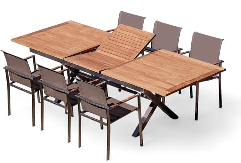 ALEOS. Gartengarnitur Edelstahl Teak Set: Ausziehtisch 200-260x100 cm + 6 stapelbare Sessel Edelstahl Teak Gewebe Taupe braun Sitzgruppe A-Grade Teak Holz - Gartenmöbel Set 6 Personen Gastro Qualität
