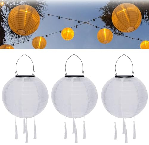 Solar Lampions Außen Wetterfest mit Fransen Nylon Solarlampions für Außen Hängend Warmweiß Solar Laterne Gartenlaterne LED Solar Lampion Outdoor Rund Lampingions Solarlampen (20cm/3PCS/Weiß)