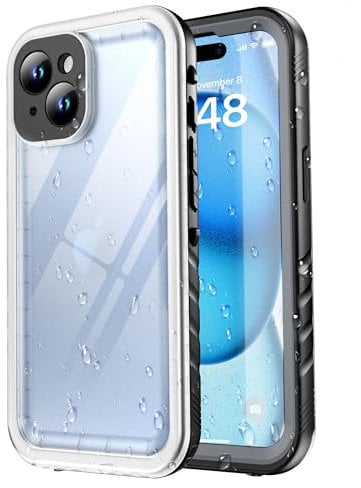 SPORTLINK for iPhone 15 Waterproof Case - Shockproof Heavy Duty Front and Back Cover [Built in Screen/Camera Protector] [IP68 Underwater] [Not Yellowing] 360 Full Body Protective - Black/Frosted Clear