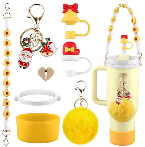 Christmas Accessories Set for Stanley Cup Water Bottle Handle Strap, Siliocne Boot, Straw Cover, Xmas Charms, Straw Topper for Stanley Cup 40oz & 30oz Tumbler 8 Pcs (Yellow)