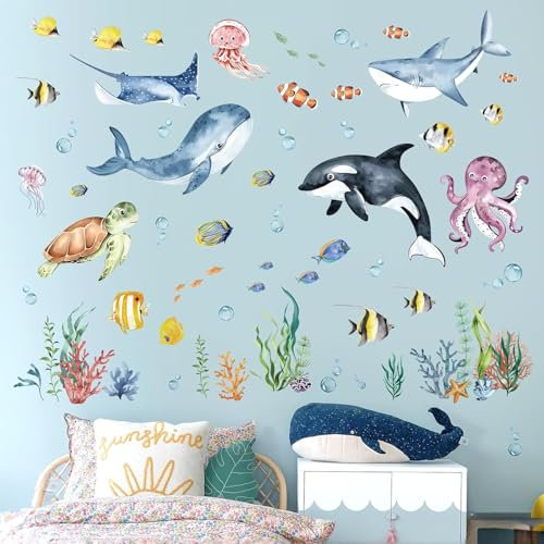 Leuchtsterne Kinderzimmer, Unter dem Meer Fisch Wandaufkleber, Delphin Meeresschildkröte Seetang Wandsticker, Kinderzimmer Babyzimmer Badezimmer Wanddeko