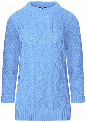 Ladies Women’s New Chunky Diamond Cable Knitted Long Sleeve Sweater Pull Over Jumper Top Cable Knit Warm Sweater Formal Casual Crew Neck Pullover (UK, Numeric, 12, 14, Regular, Regular, Sky Blue)