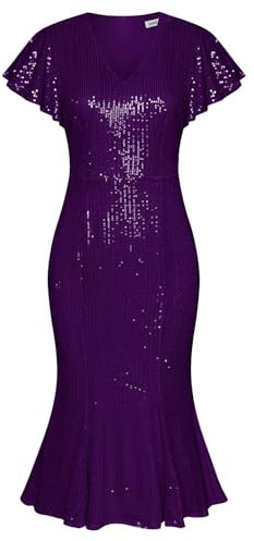 GRACE KARIN Robe de Cocktail Femme Paillettes Manches Courtes Volants Robe à Sequins avec Ceinture Robe de Bal Robe plissée L Violet foncé-7
