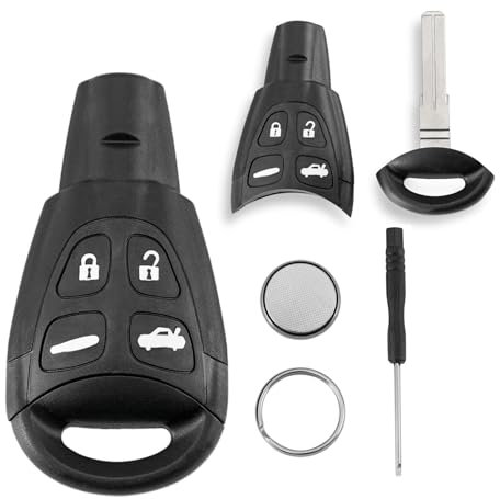 4 Tasten Fernbedienung Autoschlüssel Gehäuse Gehäuse Ersatz für SAAB 9-3 Funkschlüssel 2003-2007 + Schraubendreher + Schlüsselanhänger + CR2032 Batterie