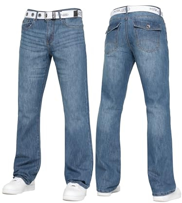BRAND KRUZE Mens Bootcut Jeans Casual Flared Wide Leg Free Belt Stylish Fashion Denim Trouser Pants