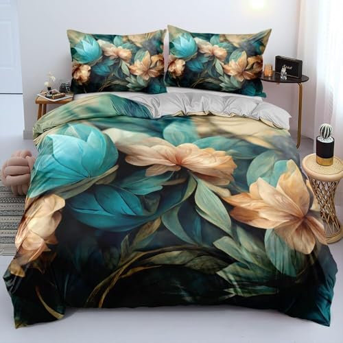 Luofanfei Blumen Bettwäsche 200x220 Blau Petrol Grau Vintage 3D Blüten Pflanzen Aesthetic Bettwäsche Doppelbett Set Orientalisch Blumenmuster Microfaser Bettbezug Set und 2 Kissenbezüge 80x80cm