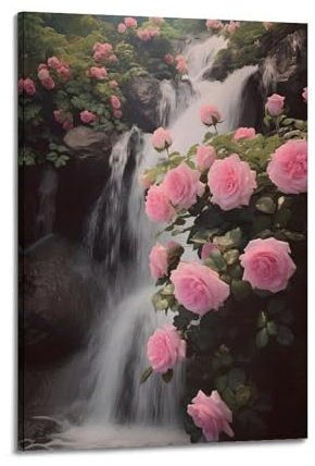 Poster, bunt, kreativ, abstrakt, schöne Blumen, die hartnäckige Rose am Wasserfall, dekoratives Gemälde, Leinwand, Wandposter und Kunstdruck, moderne Familienschlafzimmer-Dekoration, Poster, 50,8 x