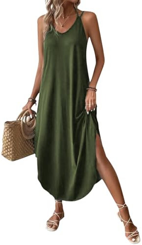 Chicrise Women Maxi Sleeveless Dress Casual Beach Dresses V Neck Summer Dresses with Split Green 3X Large 28-30