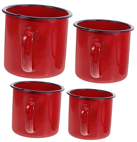 FELTECHELECTR 4pcs Enamel Tea Mug Set Vintage Red 120ml to 500ml Portable Camping Cups for Home and Outdoor Use Sturdy Enamel Material