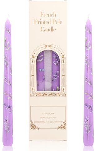 Dinner Candles, 10'' Prints Tapered Candles Party Decor, Non Drip Long Non Scented for Candlesticks Table Dinner Valentine's Day Home Afternoon Tea Decoration 2PCS (Purple Lavender)