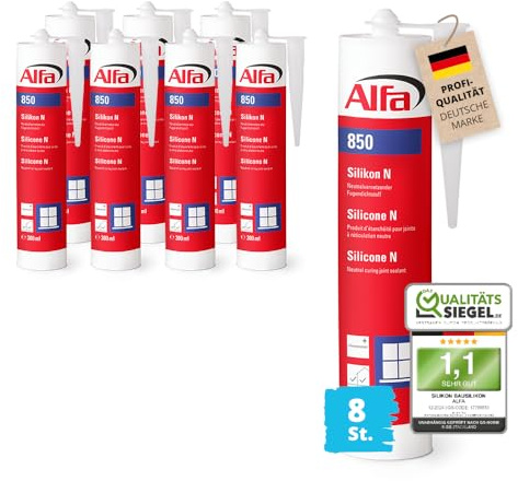 8x Alfa Silikon Transparent UV-beständig – Bausilikon – Fugendichtstoff | Profi Qualität – Neutralvernetzendes Silikon 300 ml für Fenster, Türen und Fugen, UV-beständig, elastisch für innen und außen
