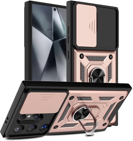 PIXFAB for Samsung Galaxy S25 Ultra Case, Shockproof Case with Camera Lens Protection, Protective Ring Armour Phone Case Cover with [Kickstand] - Rose Gold
