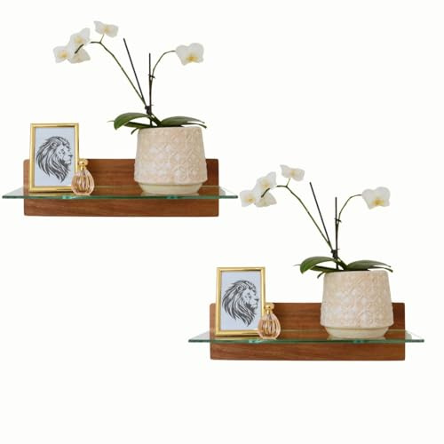 Alakay Wandregal - Inspirierendes Wallshelf Holz Mit Glasablage 2er Set, Stabil Und Hochwertig Küchenregal Wand, Schweberegal für Küche, Wohnzimmer, Schlafzimmer, Büro, Flur, Badezimmer wandregal
