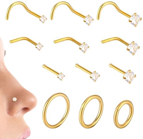 Larrel Nose Rings Hoop Nose Studs Sets,12Pcs L Stainless Steel Hinged Clicker Segment Noses Rings Hoop Corkscrew Noses Piercing Stud for Women Men(Gold)