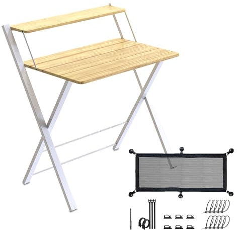 Escritorio Plegable con Estante para Monitor , Mesa Escritorio Pequeña sin Montaje , Escritorio Blanco para Oficina , Estudio o Casa , Ideal como Mesa Ordenador Portátil o Escritorio Abatible.