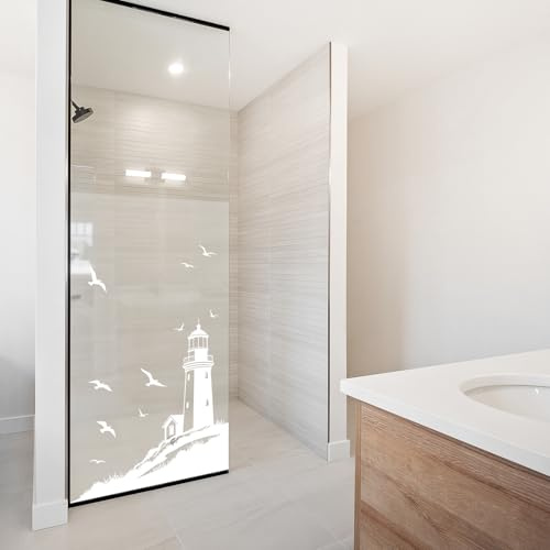 yabaduu Sichtschutzfolie für Duschkabine Duschglastüre Fensterfolie Blickdicht Milchglasfolie wasserfest Deko Klebefolie Badezimmer Dusche selbstklebend YX001 (08 Leuchtturm Weiß, 50 x 80cm)