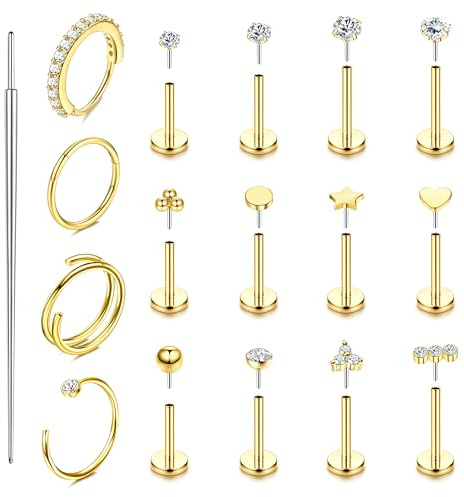Krfy 16Stück Tragus Piercing Schmuck für Damen 316L Chirurgischer Stahl Nasenpiercing Stecker ohne Gewinde Push-in Ohrringe Hypoallergener Nasenring Labret Lippen Piercing Ohr Set 18G 20G