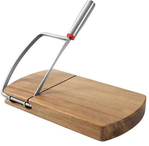 Herramienta para cortar queso de acacia con agarre ergonómico, cortador de alambre de metal resistente, base antideslizante para queso, carne y frutas, caja de regalo incluida