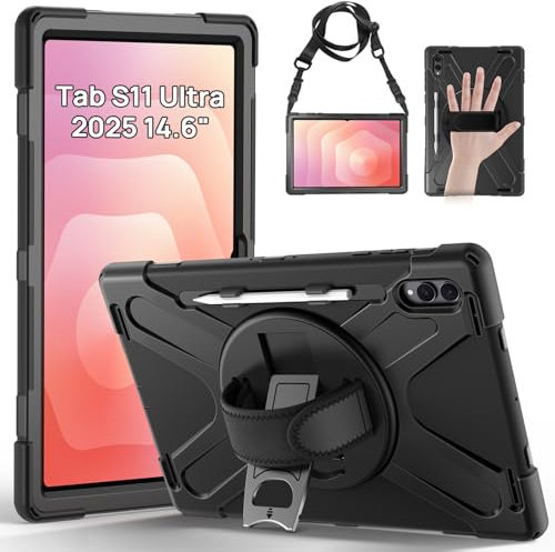 Gerutek Case for Samsung Galaxy Tab S12 Ultra/S11 Ultra 14.6 inch, Black | Heavy Duty Shockproof Tab S12/S11 Ultra Tablet Case, with 360 Rotating Stand/Hand Strap, Shoulder Strap, S Pen Holder Cover
