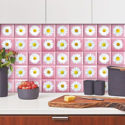 Mosaikfliesen Rosa Gelbe Blumen Klebefliesen Küche Bad Wasserabweisend Abriebfest PVC Fliesensticker Easy to Install Tile Sticker Kamin Fliesenaufkleber 10x10 cm/ 10 Stück