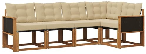 vidaXL Outdoor-Sofagarnitur mit Kissen 5 pcs Natur und Beige, Moderne Garten-Sofaset, wetterfestes Möbel, Bequeme Liege, stilvolles Outdoor-Sitzen für Entspannung