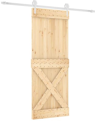 HETFTJN Porta scorrevole in legno massello, set completo, 90 x 210 cm, con sistema a binari da 200 cm, porta interna in legno di pino per soggiorno e cucina, sistema di porta scorrevole in legno