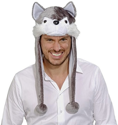 Amakando Plüsch Wolfsmütze Wolf Mütze grau-weiß Hundemütze Tiermütze Wolfmütze Tierhut Winter Plüschmütze Bommelmütze