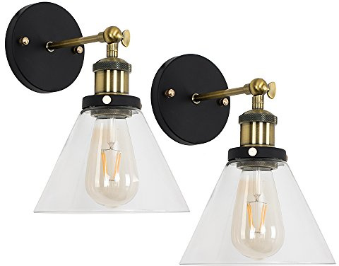 MiniSun | Industrial Steampunk Black and Gold Wall Light Fittings with Clear Glass Conical Shaped Light Shades | Wall Lamps & Sconces, Home Décor & Improvement Essential | Pair of 2 | Mains Wired