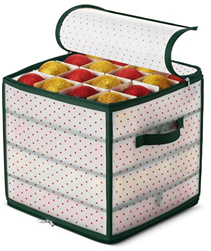 Premium Christmas Bauble Storage Box with 2 Sided Dual Zipper Closure - Keeps 64 Xmas Baubles, Christmas Decorations Accessories & Ornaments, Sturdy Plastic Bauble Storage Container with 7.6cm Cubes