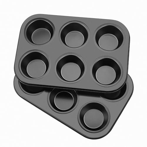 Flexzion Muffin Tray Cupcake Baking Pan 2 Pack, 6-Cup Nonstick Carbon Steel Muffin Tins Non-Stick Cupcake Tin Bakeware Accessories for Baking Cupcakes Muffin Brownies Snacks, Easy Clean, Fridge Safe