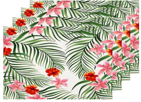 Shrahala Green and Pink Tropical Palm Leaves Placemats, Holiday Tropical Table Mat Linen Burlap Washable Double-Deck Heat Insulation for Dining Table Kitchen Table Set of 4 (12 x 16 inch)